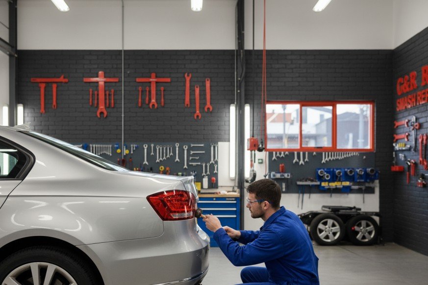 A mechanic in blue overalls repairs a silver car's rear bumper dent repair in a clean, modern G&R Rix Smash Repairs workshop in Liverpool.