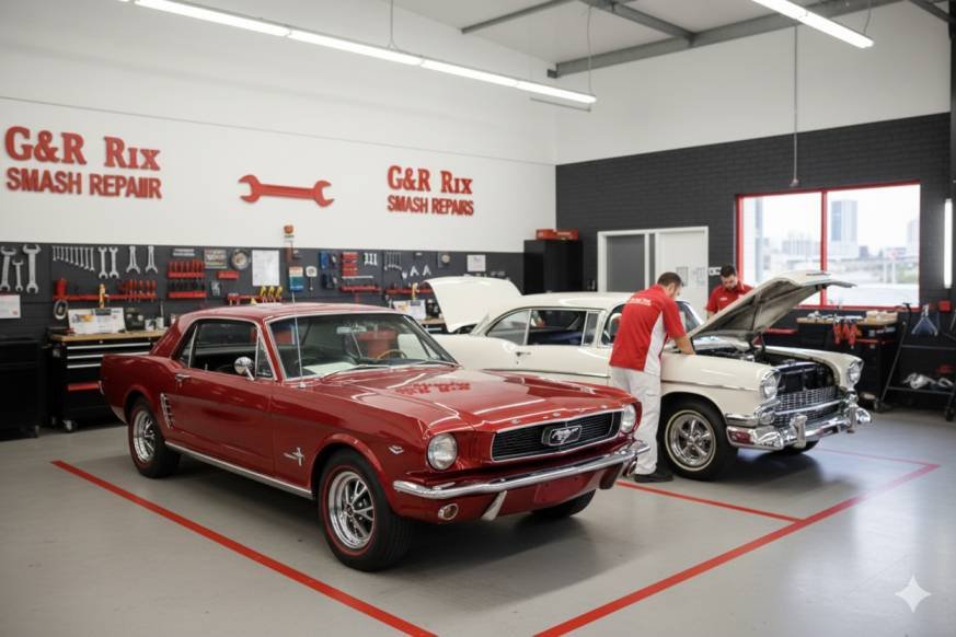 Classic car restoration in Liverpool at G&R Rix Smash Repair, featuring restored vintage cars and technicians in a red and white themed garage.