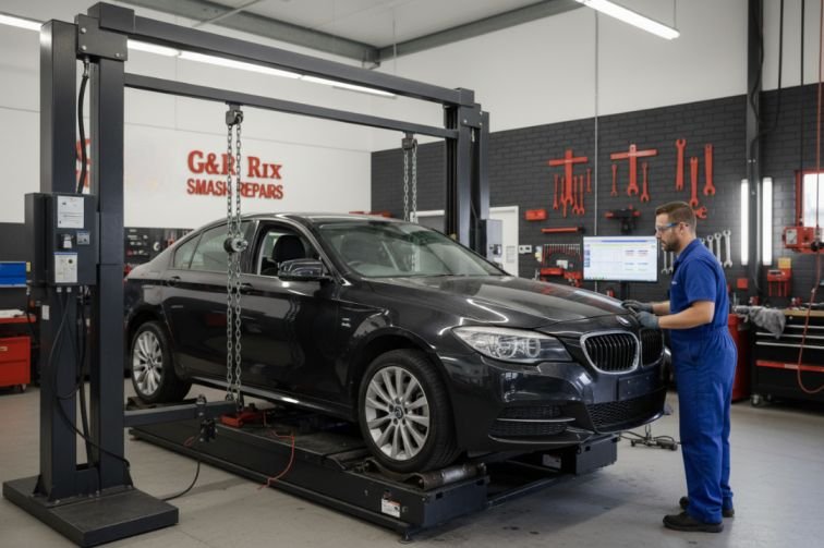 A G&R Rix Smash Repairs technician in operating advanced frame straightening in Liverpool, equipment on a black car, ensuring precise auto alignment after an accident.