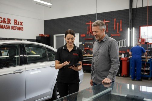 A friendly G&R Rix Smash Repairs staff member in Liverpool assists a male customer with insurance smash repairs details on a tablet, with a damaged silver car in the foreground.
