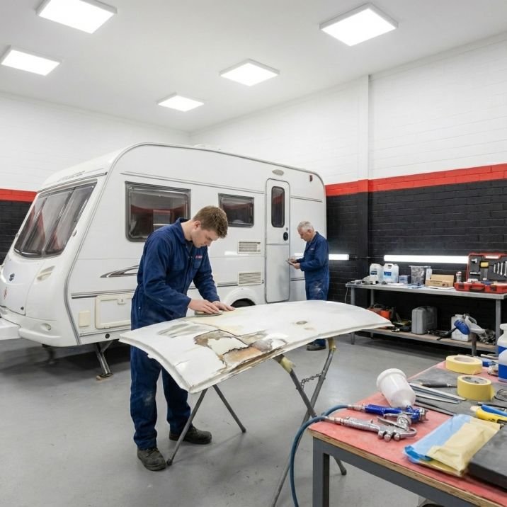 G&R Rix Smash Repair technician sanding a damaged white caravan panel for Caravan Body Repairs in their Moorebank and Liverpool workshop, with a caravan and paint tools in the background.