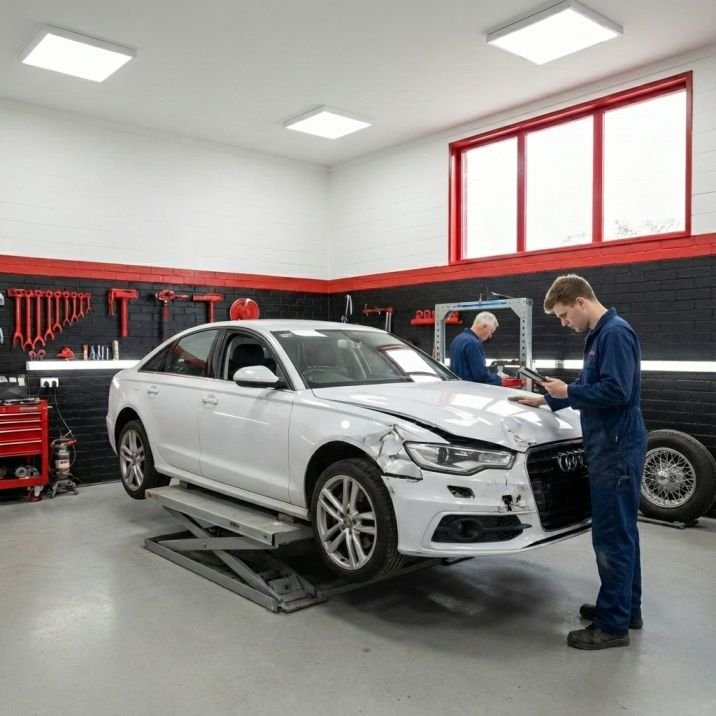 G&R Rix Smash Repair technician sanding a car bumper to complete an urgent smash repair in Liverpool.