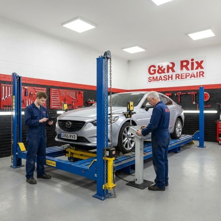 G&R Rix Smash Repair technician performing precision frame straightening on a vehicle chassis to restore alignment in their Liverpool smash repair centre.