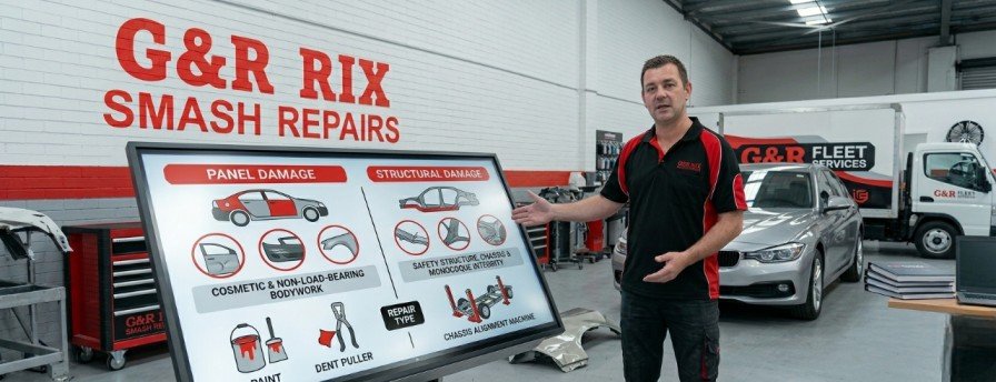 Panel damage vs structural damage comparison by G&R Rix Smash Repair showing vehicle body and frame repair differences