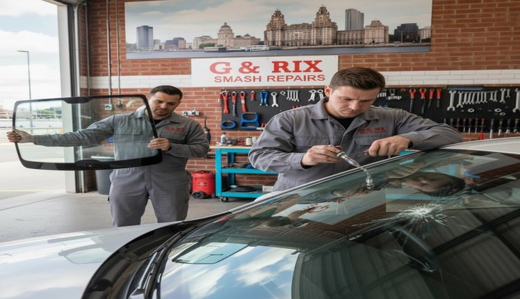 G&R Rix technician performing windscreen chip repair on a car in Liverpool workshop