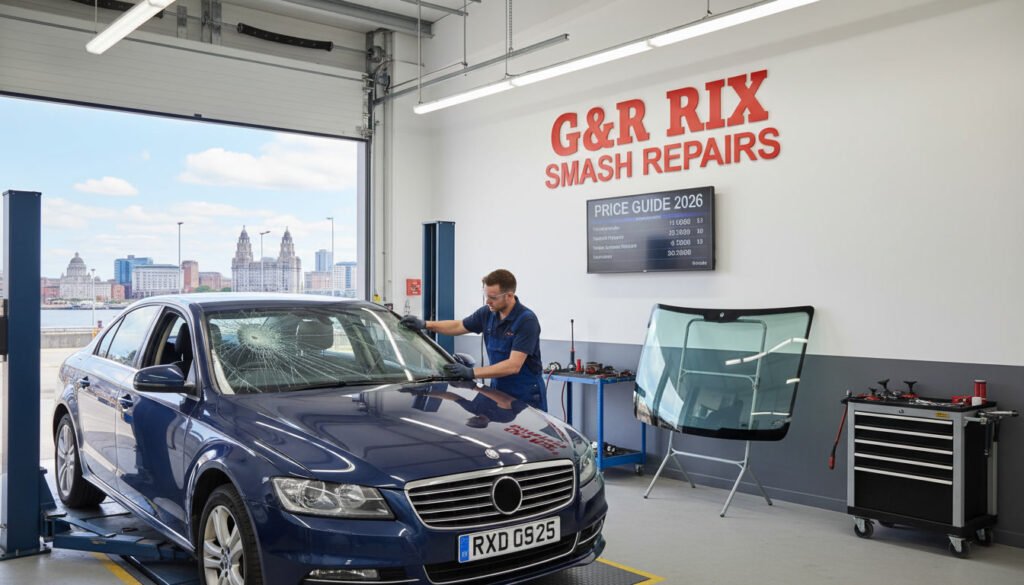 Windscreen replacement cost in Liverpool – G&R Rix Smash Repairs technician replacing a cracked windscreen on a blue sedan in their Liverpool workshop, 2026 price guide