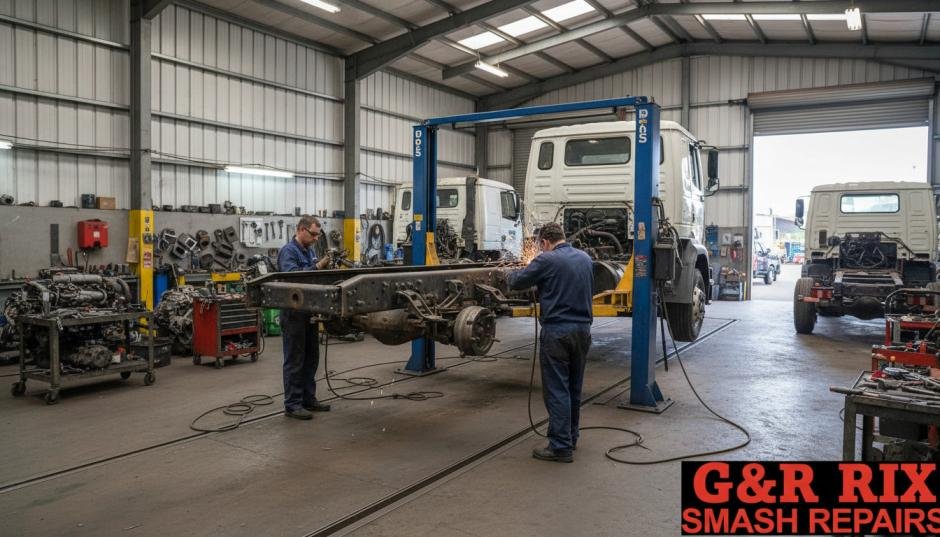 Technician performing truck chassis and frame repair on a heavy vehicle at G&R Rix Smash Repairs