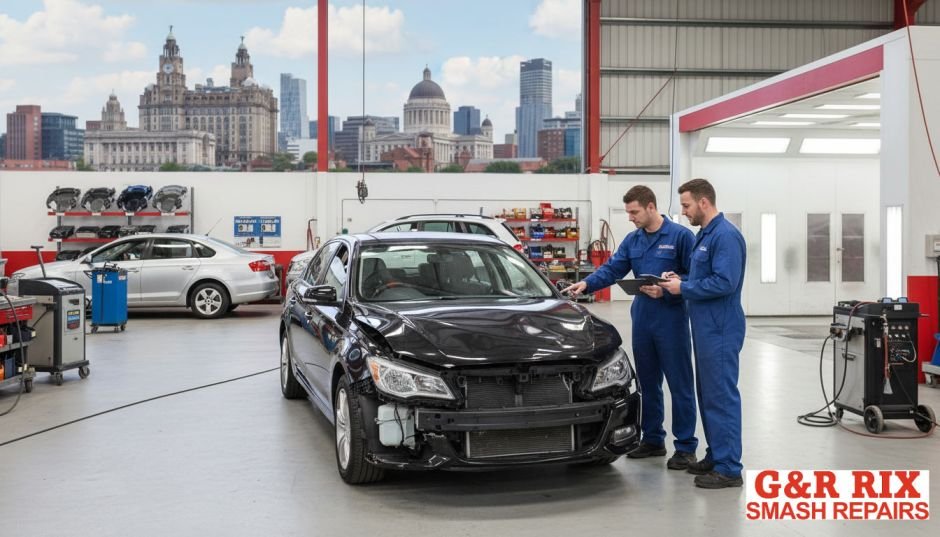accident repair cost in Liverpool. G&R Rix technician assessing vehicle damage for quote at workshop