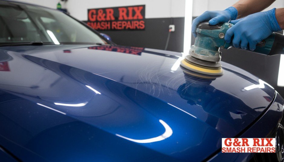 paint correction in Liverpool by G&R Rix technician performing machine polish on car workshop