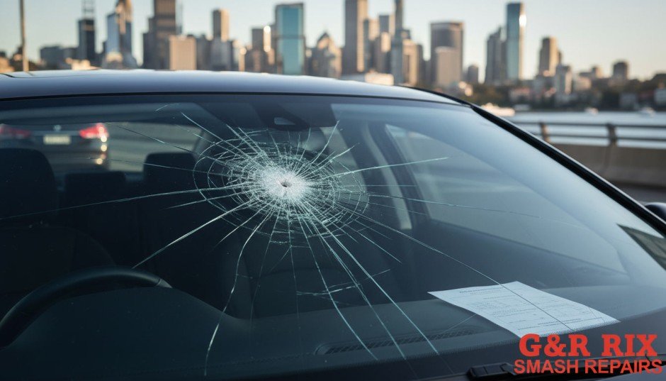 Windscreen Insurance in NSW. G&R Rix technician handling windscreen chip repair insurance claim at Moorebank workshop Liverpool